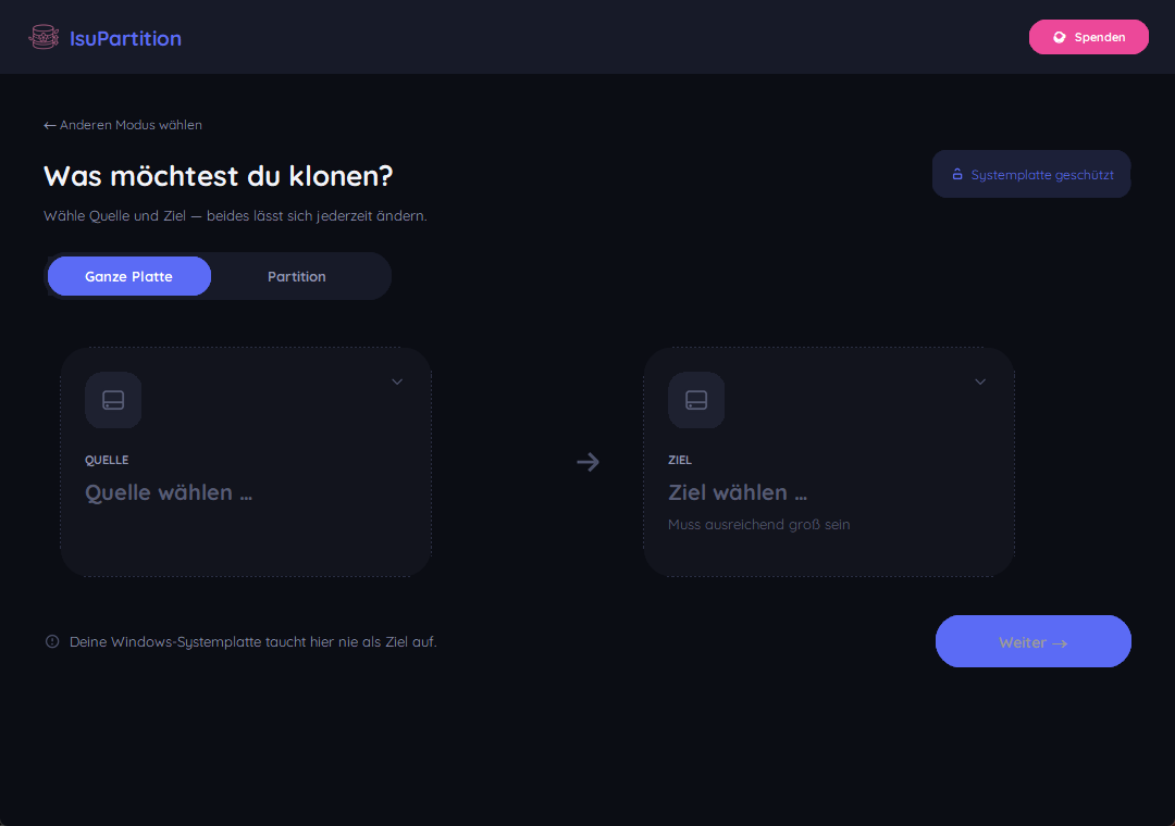 IsuPartition Quelle und Ziel für den Klon-Vorgang wählen