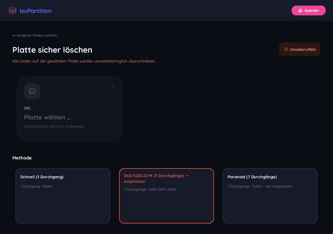IsuPartition sicheres Löschen mit wählbarer Methode