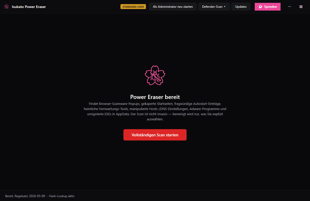 Isukato Power Eraser Startbildschirm mit Scan-Button